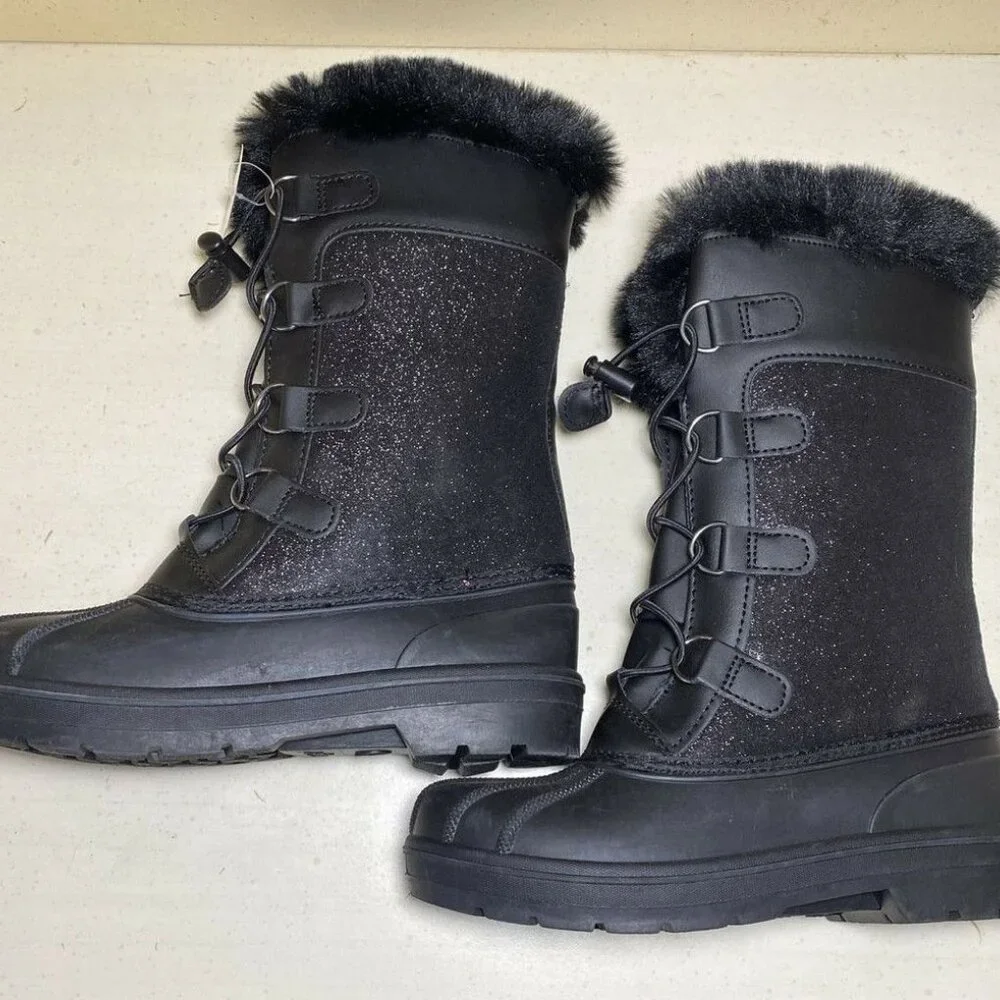Girls Thermolite Black Faux Fur Winter Boots size 1 cat and Jack Constance